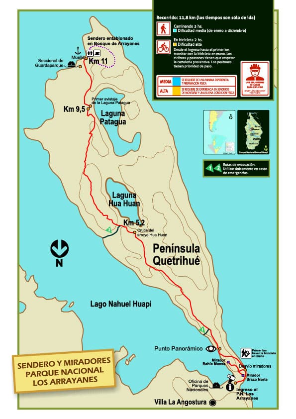 Mapa Senderos y Miradores Quetrihué, Parque Nacional Los Arrayanes, Villa la Angostura, Neuquén